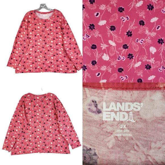 Lands' End Tops - Lands End Shirt Women's Plus Size 2X Navy Red Floral Long Sleeve Tee Cotton